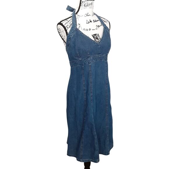Vintage Y2K Denim Dress Halter Mini Sun Dress Med Wash Jean Dress Womens 16 - Picture 3 of 8